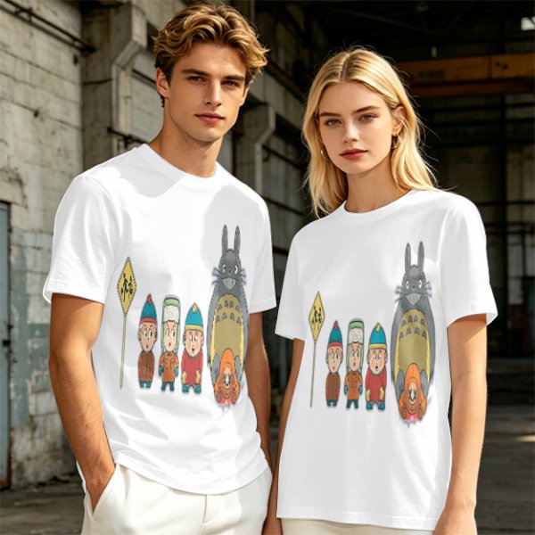Olive T-shirt with cartoon characters print featuring Totoro and small figures