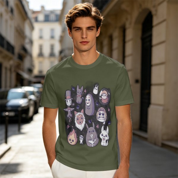 Olive T-Shirt With Cute Studio Ghibli Character Print