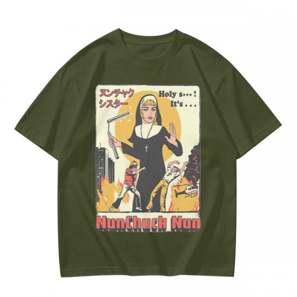 Olive T-shirt with Nunchuck Nun Action Graphic Print