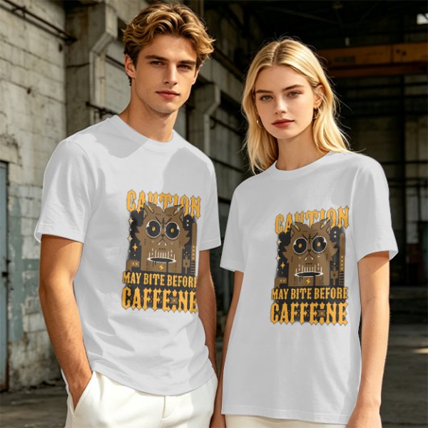 Olive Graphic T-Shirt With 'Caution May Bite Before Caffeine' Angry Cat Print