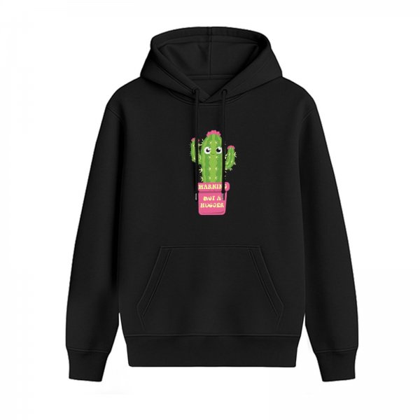 Black hoodie with cute cactus 'Warning Not A Hugger' graphic