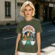 Olive green t-shirt with cat coffee cup graphic and playful text design