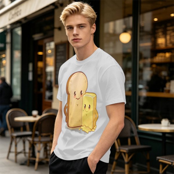 Olive T-Shirt With Cute Cartoon Bread And Butter Graphic