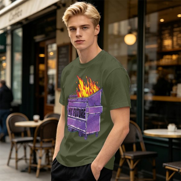 Olive T-Shirt With Burning Dumpster 'My Future' Graphic