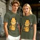 Olive T-Shirt With Grumpy Orange Cat Holding Hot Coffee Print