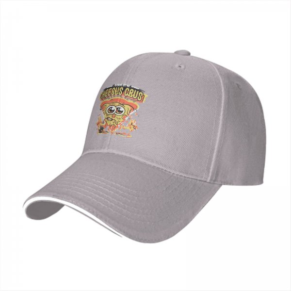 Black baseball cap with Cheesus Crust pizza slice graphic