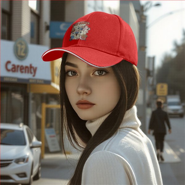 Black baseball cap with cute slow foods themed cartoon print