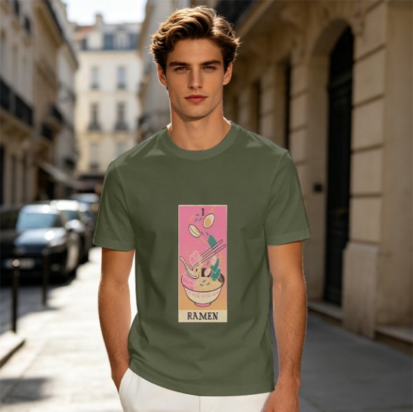 Olive T-Shirt With Ramen Tarot Card Style Graphic Print