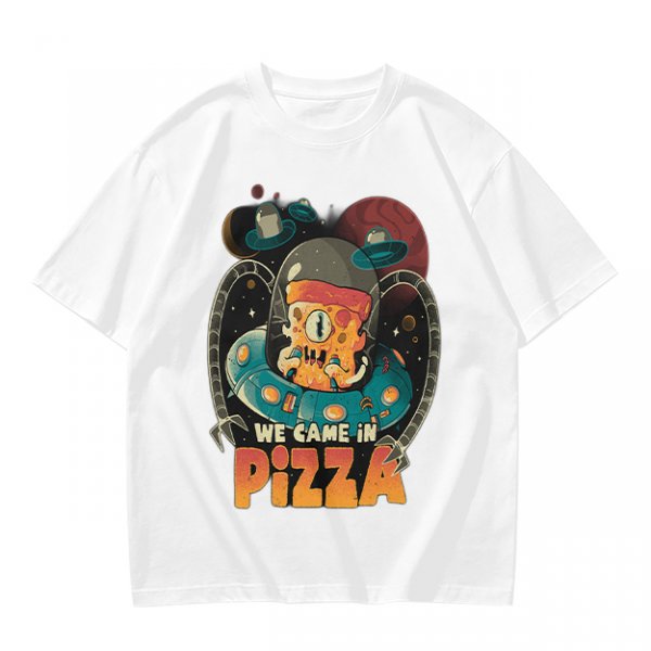 Olive t-shirt with space pizza alien graphic and 'We Came in Pizza' text