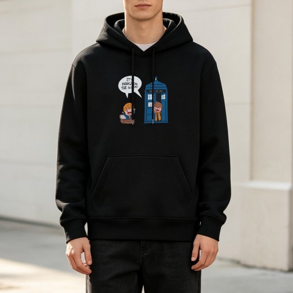 Black hoodie with Doctor Who TARDIS and cartoon character graphic
