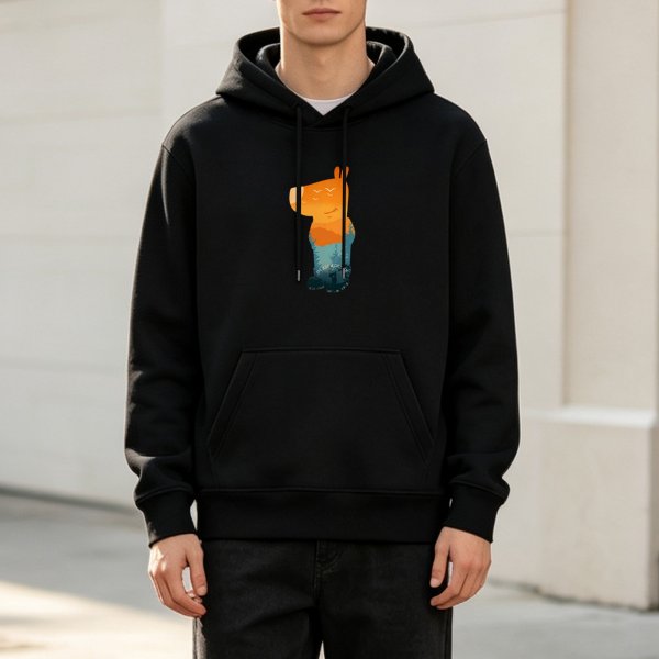 Black Hoodie With Sunset Bear Silhouette Artwork