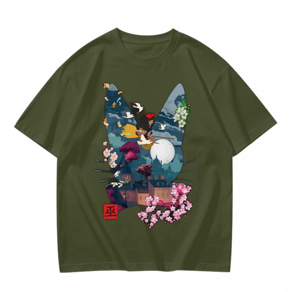 Olive Green T-Shirt With Japanese Nature Inspired Graphic Print