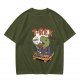 Olive T-shirt with cartoon T-Rex holding small dinosaurs and RAWR text