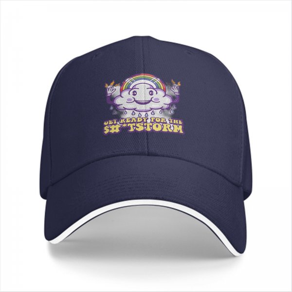 Black baseball cap with funny cloud rainbow storm graphic