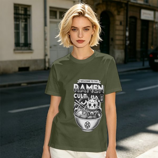 Olive Graphic T-Shirt Featuring Welcome To The Ramen Cult Art