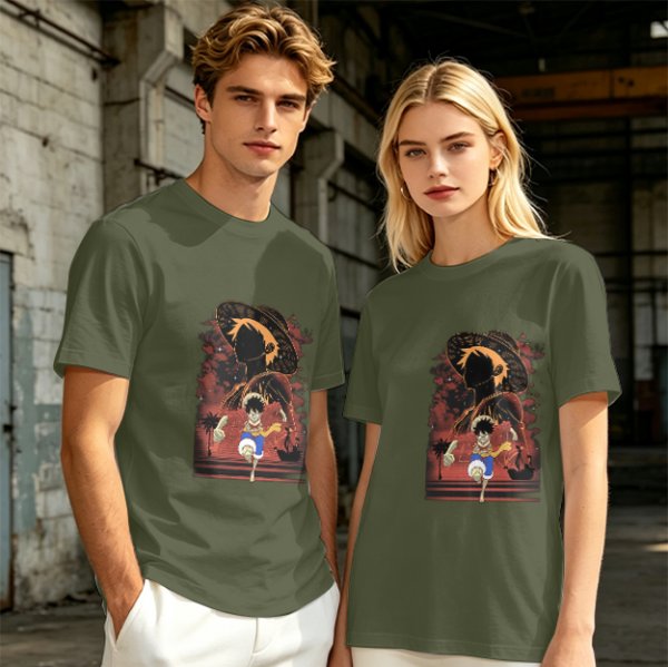 Olive Anime Graphic T-Shirt With Straw Hat Character Design