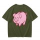 Olive Green T-Shirt With Cute Pink Piggy Bank Graphic Print