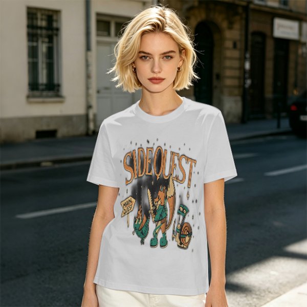 Olive t-shirt with Side Quest fantasy adventure graphic print