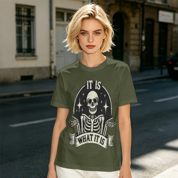 Olive t-shirt with skeleton graphic and 'It Is What It Is' text