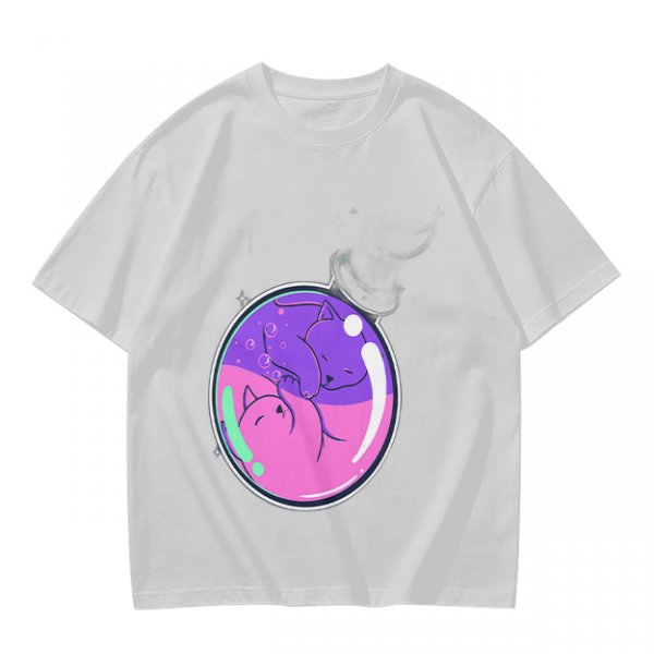 Olive T-shirt with Sleeping Cats in Colorful Bubble Graphic