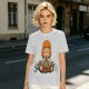 Olive T-shirt with cartoon muscular character meditating surrounded by candles