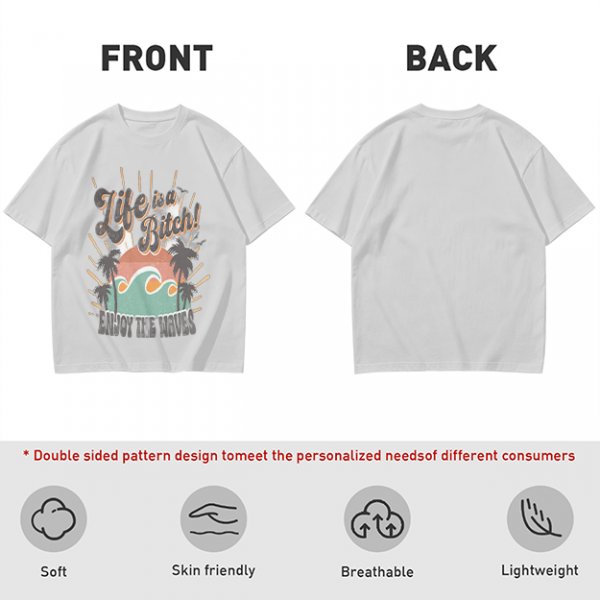Olive graphic t-shirt with tropical sunset wave and palm tree print