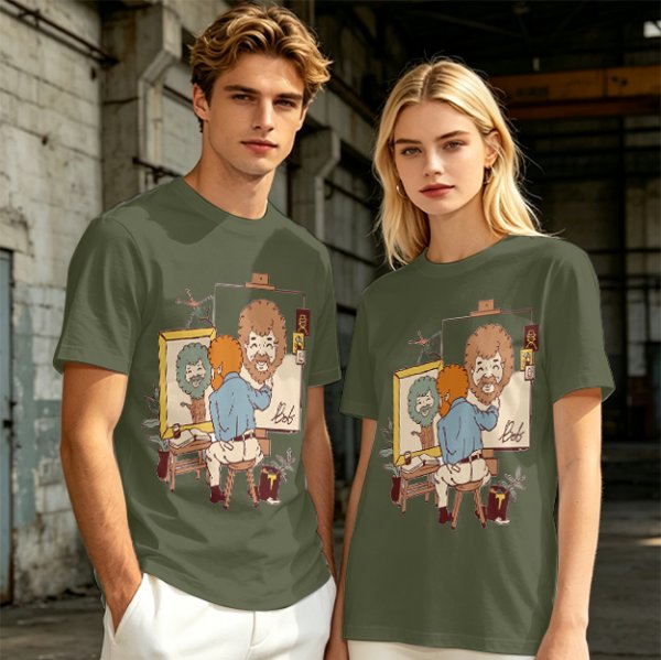 Olive Green T-Shirt With Cartoon Artist Painting Self Portrait Artwork