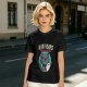 Olive green graphic t-shirt with grumpy cat holding New Year's resolutions