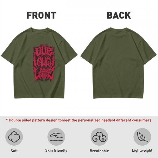 Olive green graphic t-shirt with dark metal style Live Laugh Love print