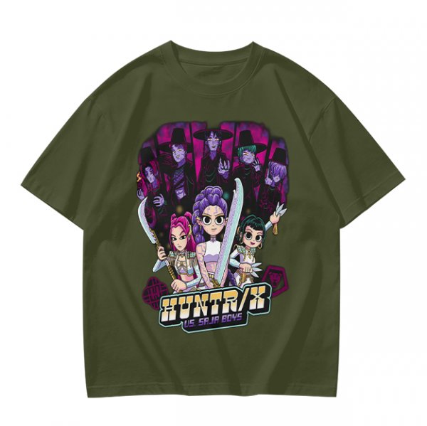 Olive Graphic Tee with Anime Hunter Characters and Huntr/X Text