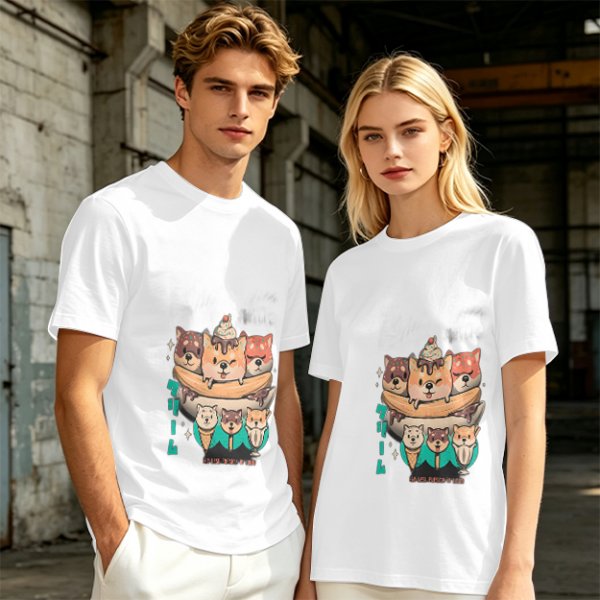 Olive green t-shirt with cute shiba inu ice cream graphic