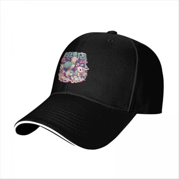 Black baseball cap with cute dinosaur chef and anime character graphic