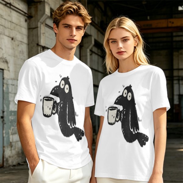 Olive Green T-Shirt With Cartoon Crow Holding Coffee Mug Print