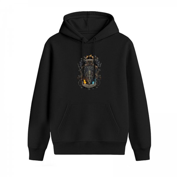Black Hoodie With Dark Fantasy Crest Graphic Print