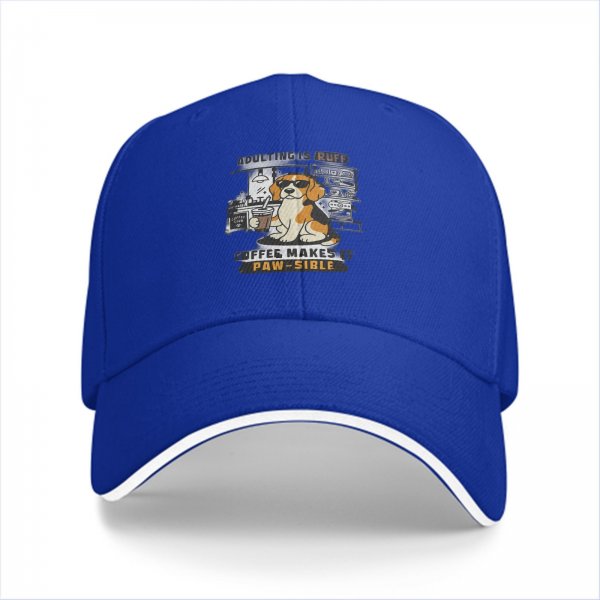 Black baseball cap with beagle dog coffee pun graphic