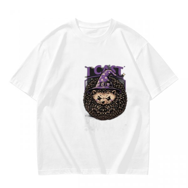 Olive green t-shirt with a hedgehog wizard graphic and 'I CAST' text