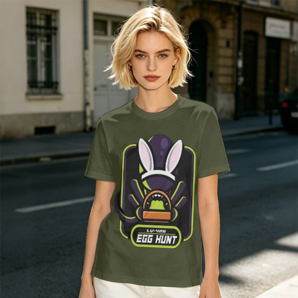 Olive T-Shirt With Alien Bunny Ears Egg Hunt Graphic