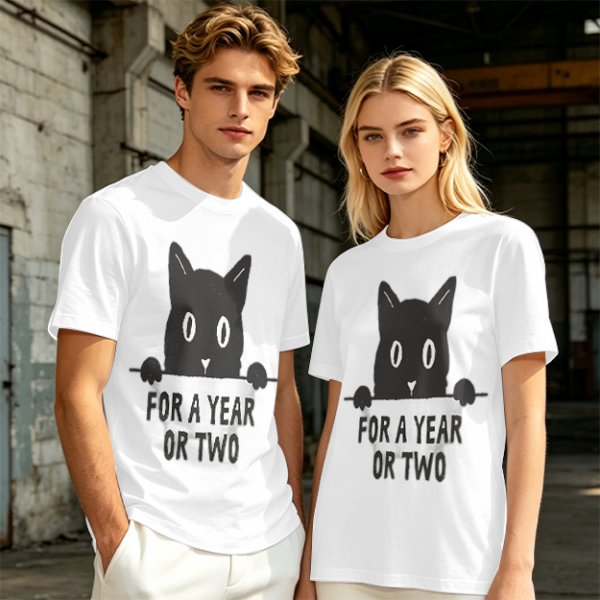Olive graphic t-shirt with black cat holding 'for a year or two' text
