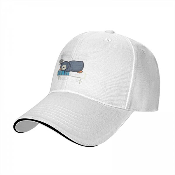 Black baseball cap with sleepy penguin low battery graphic