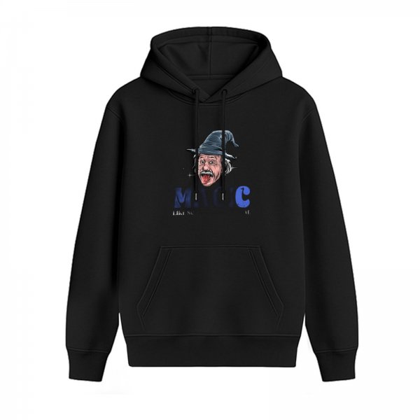 Black hoodie with Einstein wizard graphic and magic text print
