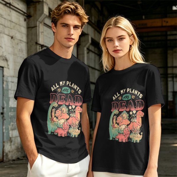 Olive graphic t-shirt with 'All My Plants Are Dead' dinosaur print