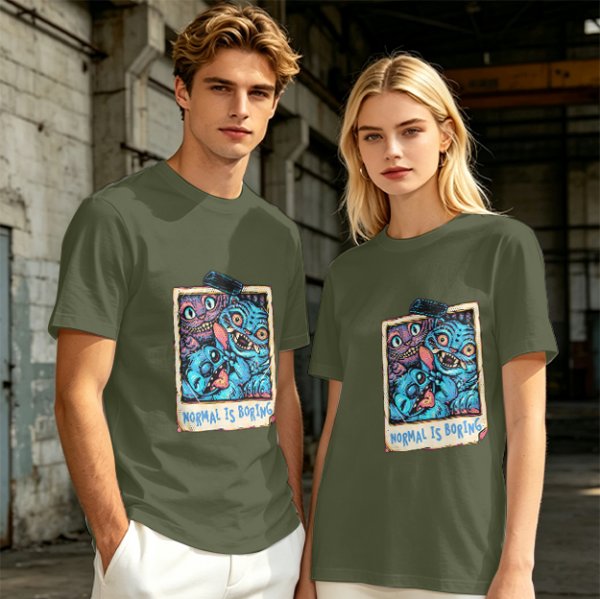 Olive t-shirt with monster polaroid print that says Normal Is Boring