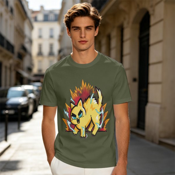 Olive T-Shirt With Super Saiyan Style Electric Cat Graphic