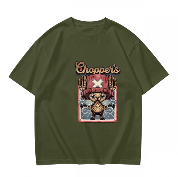 Olive T-Shirt with Tony Tony Chopper Lifting Weights Graphic
