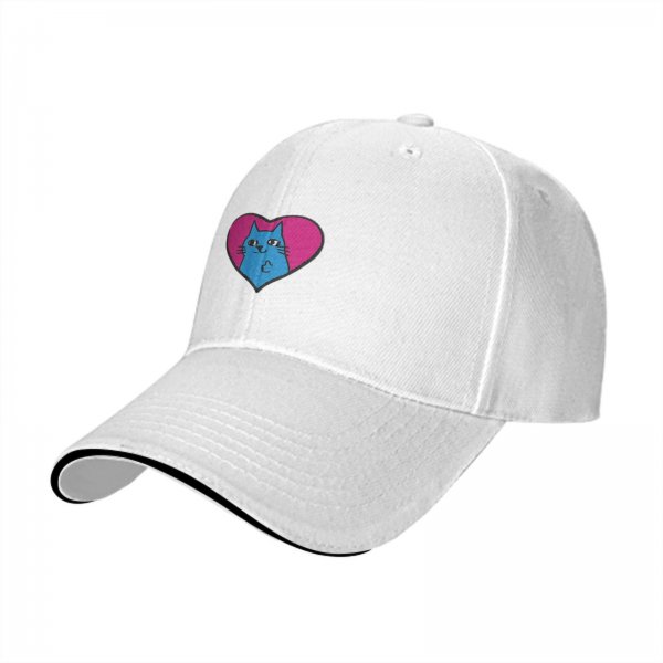 Black Baseball Cap With Blue Cat In Pink Heart Graphic