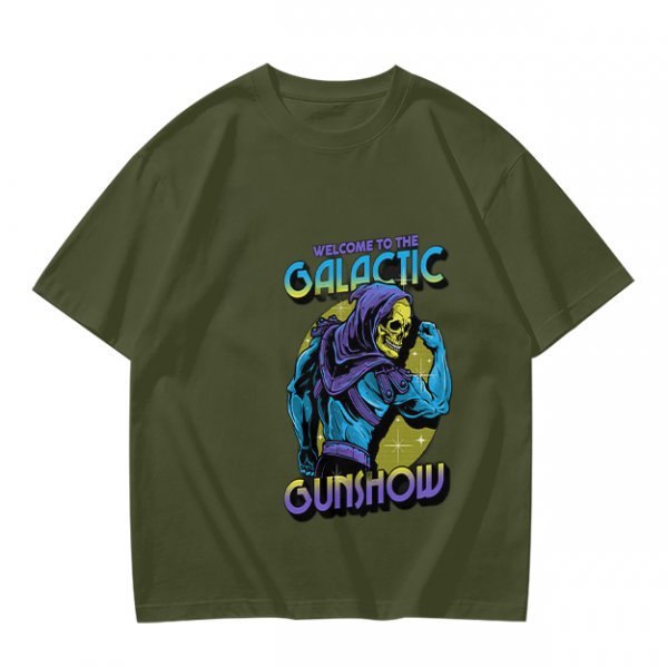 Olive T-shirt with Galactic Gunshow Skeleton Graphic Print