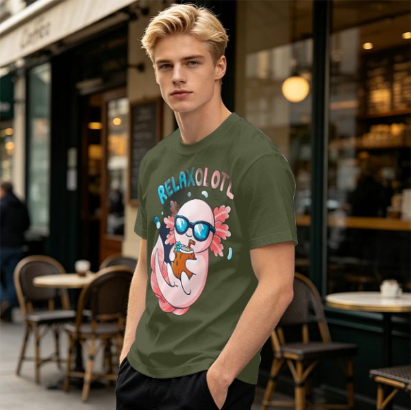 Olive t-shirt with a relaxed axolotl wearing sunglasses holding a drink