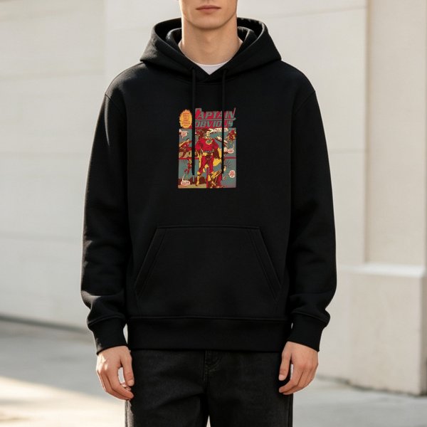 Black Hoodie with Captain Obvious Comic Style Graphic Print