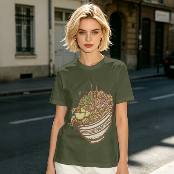 Olive Green T-Shirt With Illustrated Noodle Bowl Print