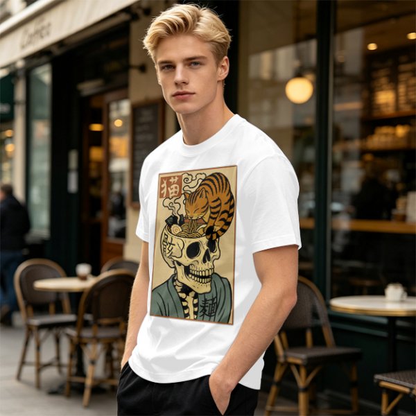 Olive t-shirt with a skull ramen bowl and a napping tabby cat print